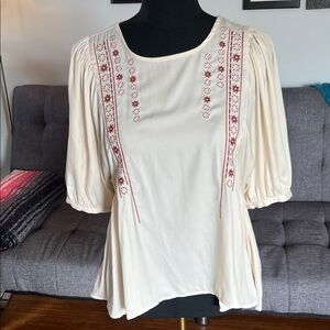 Anthropologie brand Dolan Cream Blouse with Red Embroidery size S